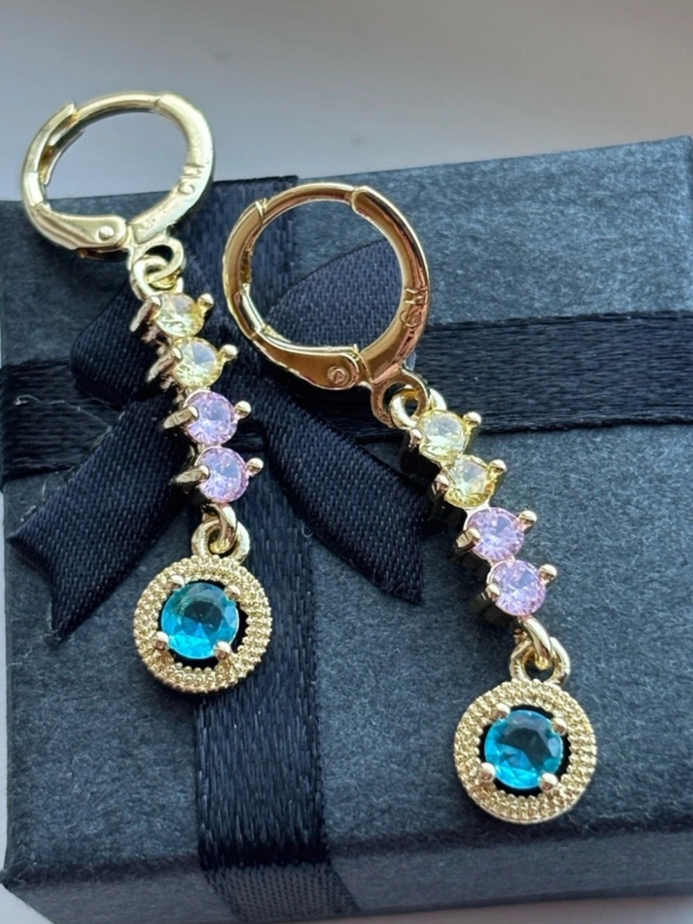 Gold Plated Multicolor Gemstone Drop Earrings Dainty Dangle Huggie Hoops Pastel - Picture 8 of 9